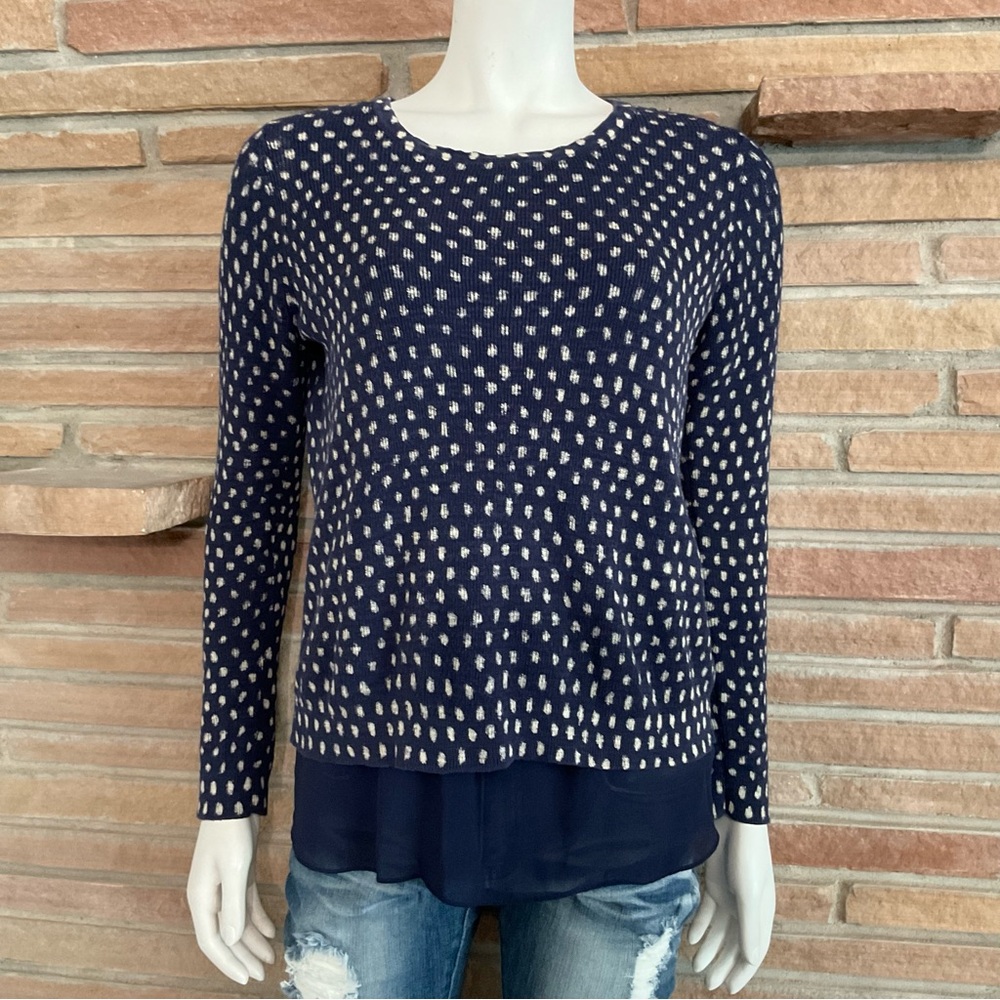 Lucky Brand Layered Twofer Cotton Sweater Navy Polka Dots Medium